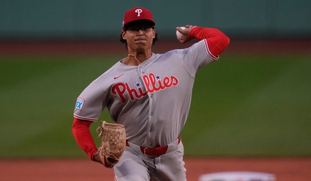 Philadelphia Phillies pitcher Jesús Luzardo during a baseball game, Thursday, May 14, 2026, in Boston. (AP Photo/Charles Krupa)