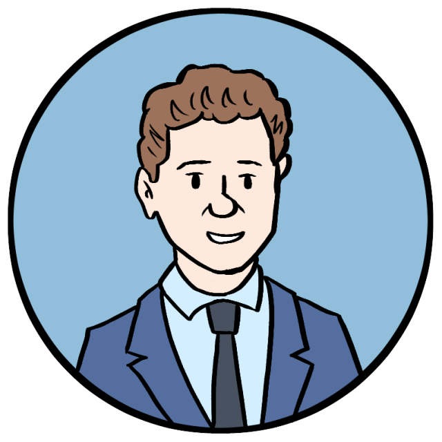 Cartoon illustration of a man with short brown hair wearing a blue suit, light blue shirt, and black tie, set against a blue circular background.