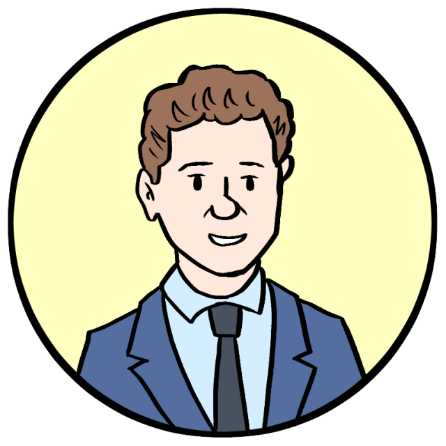 Cartoon illustration of a man with short brown hair wearing a blue suit, light shirt, and dark tie, shown from the shoulders up inside a circular frame with a light yellow background.