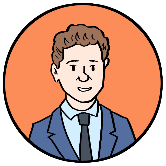 Cartoon illustration of a person with short brown hair wearing a blue suit, white shirt, and black tie, set against an orange circular background.