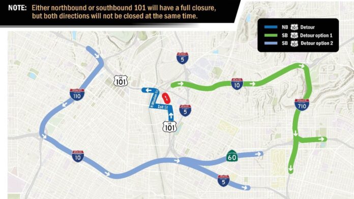 Graphic: Department of Transportation | The South Pasadenan | U.S. 101 Overnight Maintenance Near Downtown L.A.