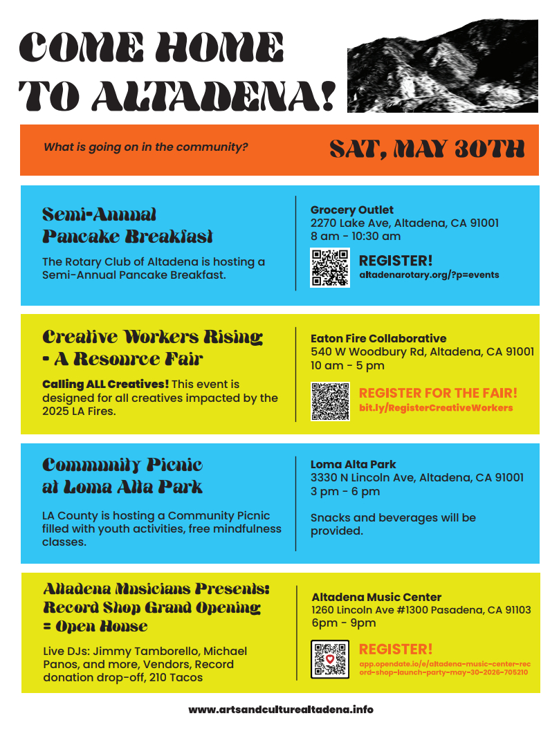 Graphic: Arts and Culture Coalition of Altadena | The South Pasadenan | Creative Workers Rising ~ A Resource Fair for Fire-Impacted Artists