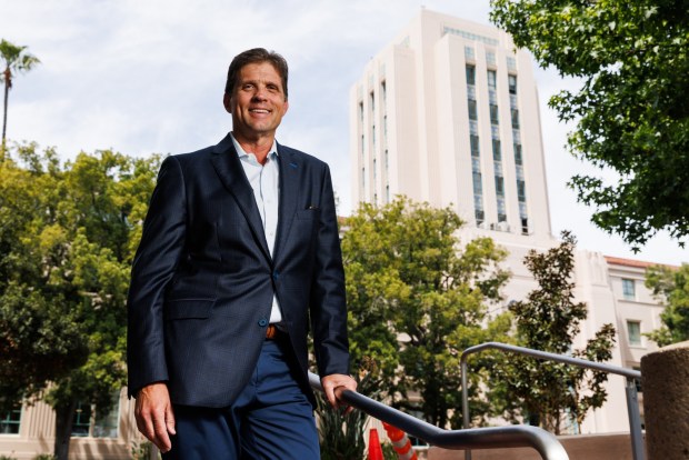 San Diego County Treasurer-Tax Collector Larry Cohen poses outside the County Administration Center on Thursday, April 9, 2026. (Kristian Carreon / The San Diego Union-Tribune)