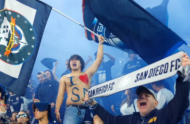 Fans celebrate after San Diego FC beat Minnesota United 1-0 in the Western Conference Semifinals of the 2025 MLS Cup Playoffs at Snapdragon Stadium on November 24, 2025 in San Diego, CA. (K.C. Alfred / The San Diego Union-Tribune)