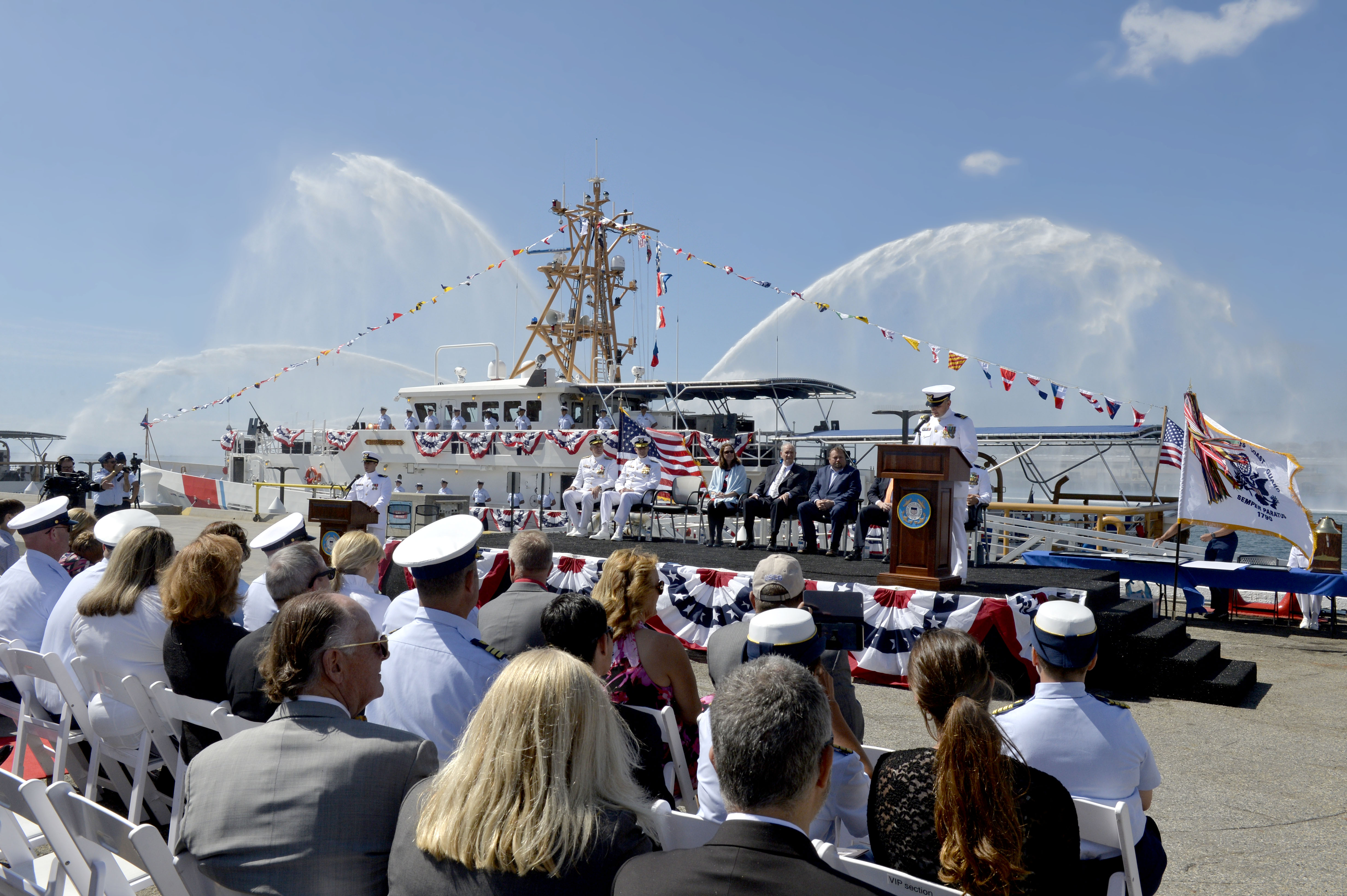 Lieutenant John W. Beal speaks during the commissioning ceremony for...