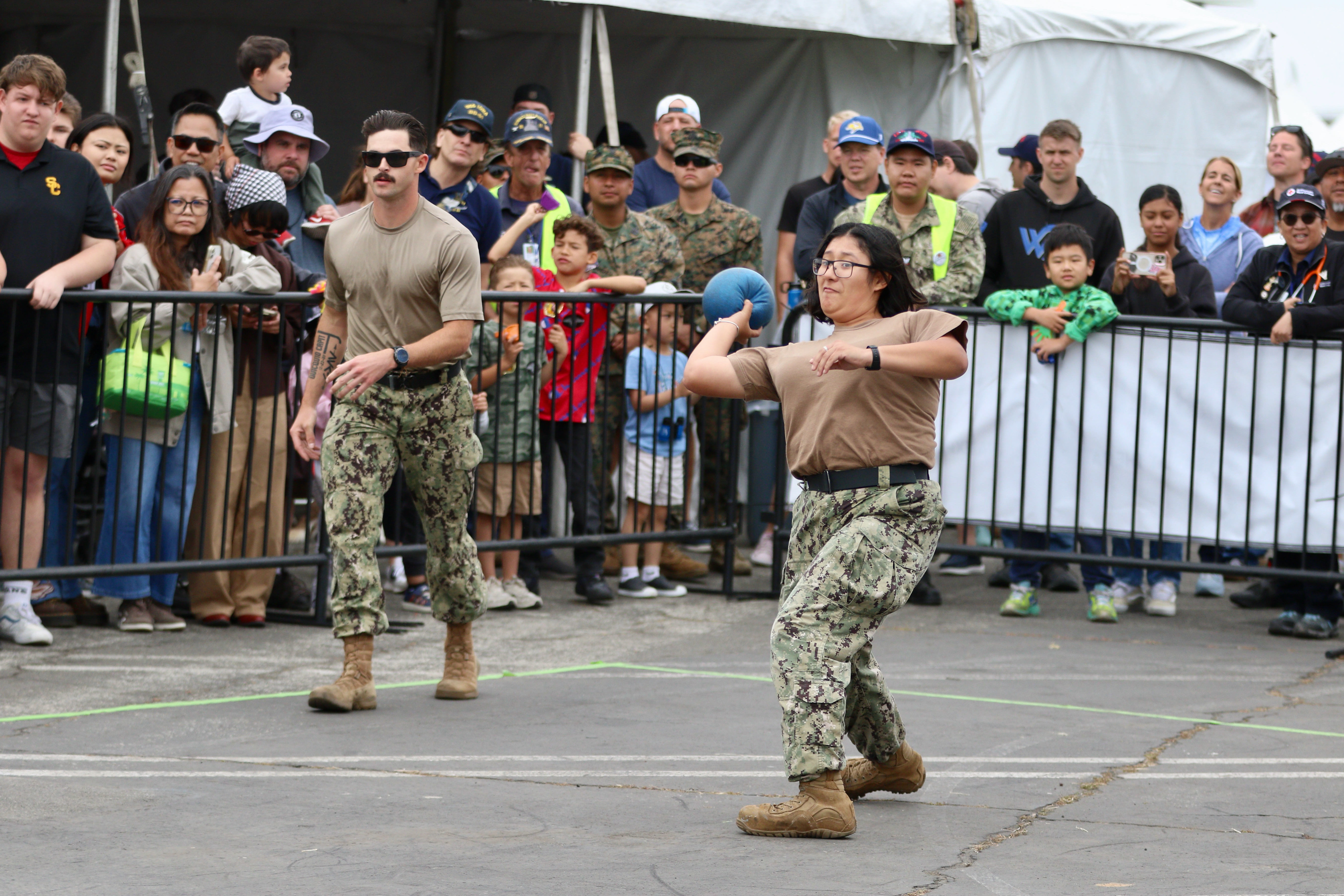 Players compete in the military dodgeball tournament on Sunday, May...