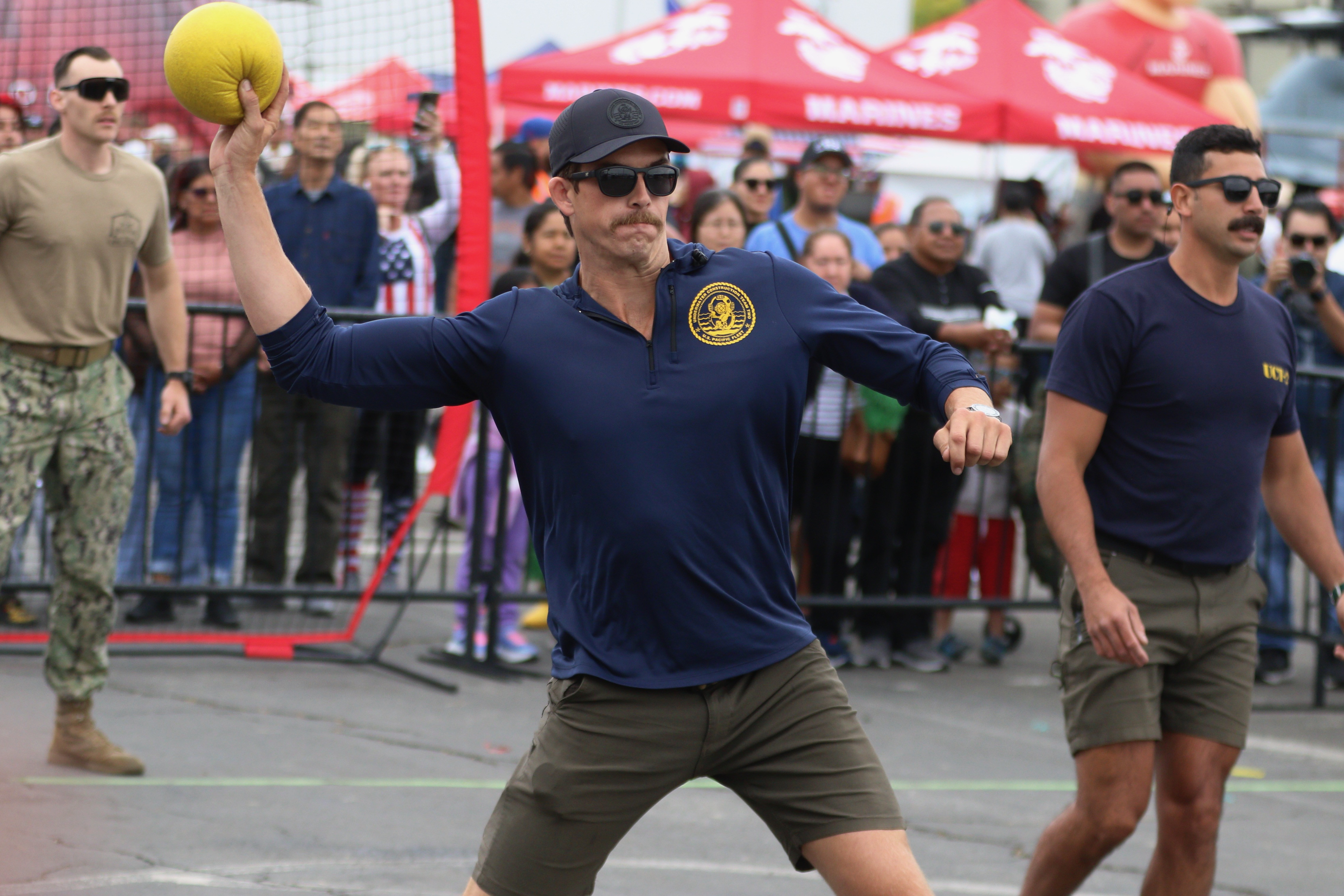 Players compete in the military dodgeball tournament on Sunday, May...