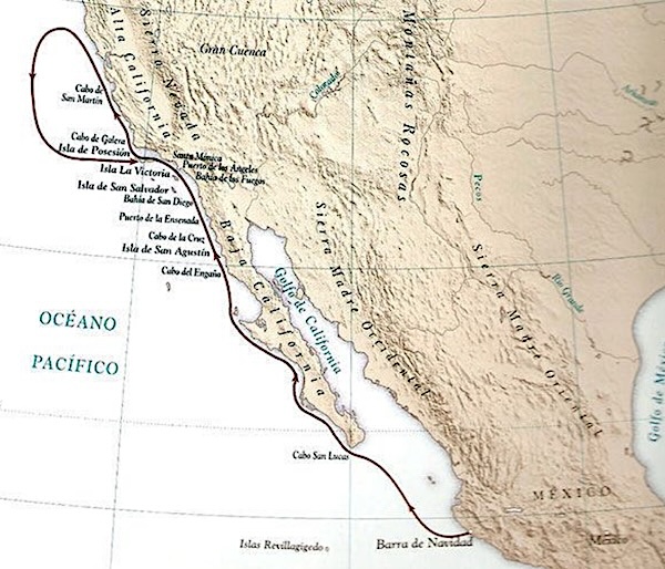 Undated map shows Juan RodrÃ­guez Cabrillo’s sea route up the...