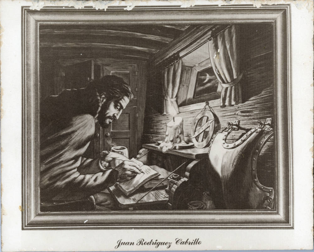 An undated drawing shows Spanish explorer Juan RodrÃ­guez Cabrillo below...