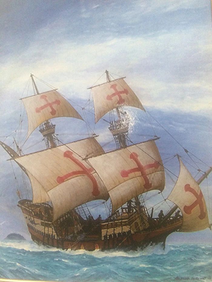 An undated painting of Juan Rodriguez Cabrilloâs flagship, the San...