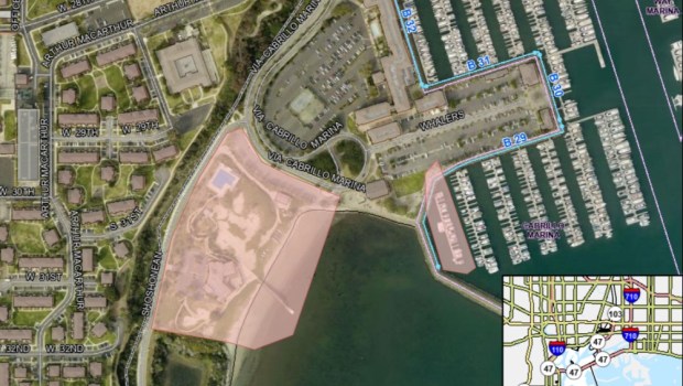 Aerial view shows highlighted areas that will be used for an Olympics sail training center. (Image Courtesy of the Port of Los Angeles)