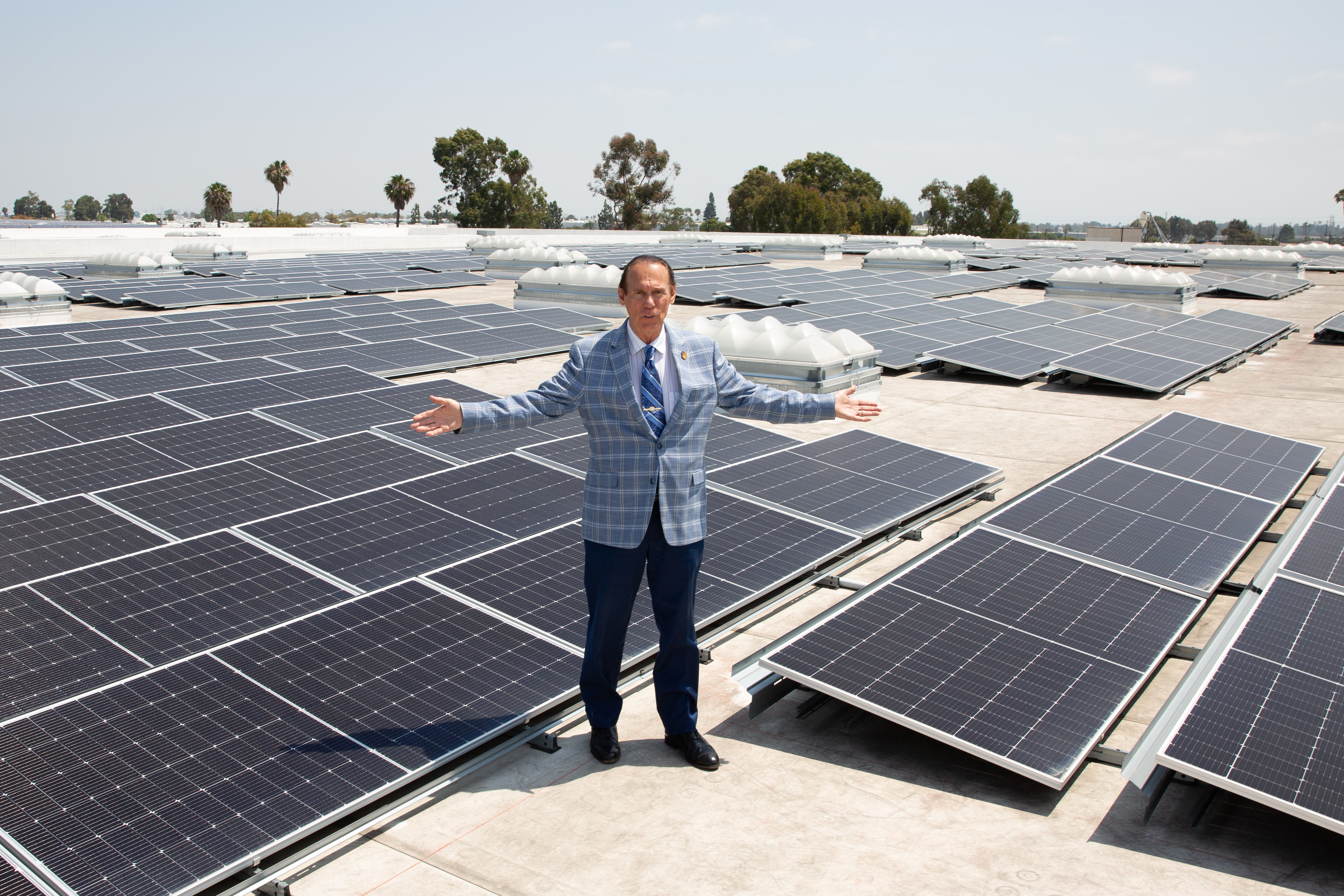 City council member Jim Dear gestures towards rows of solar...