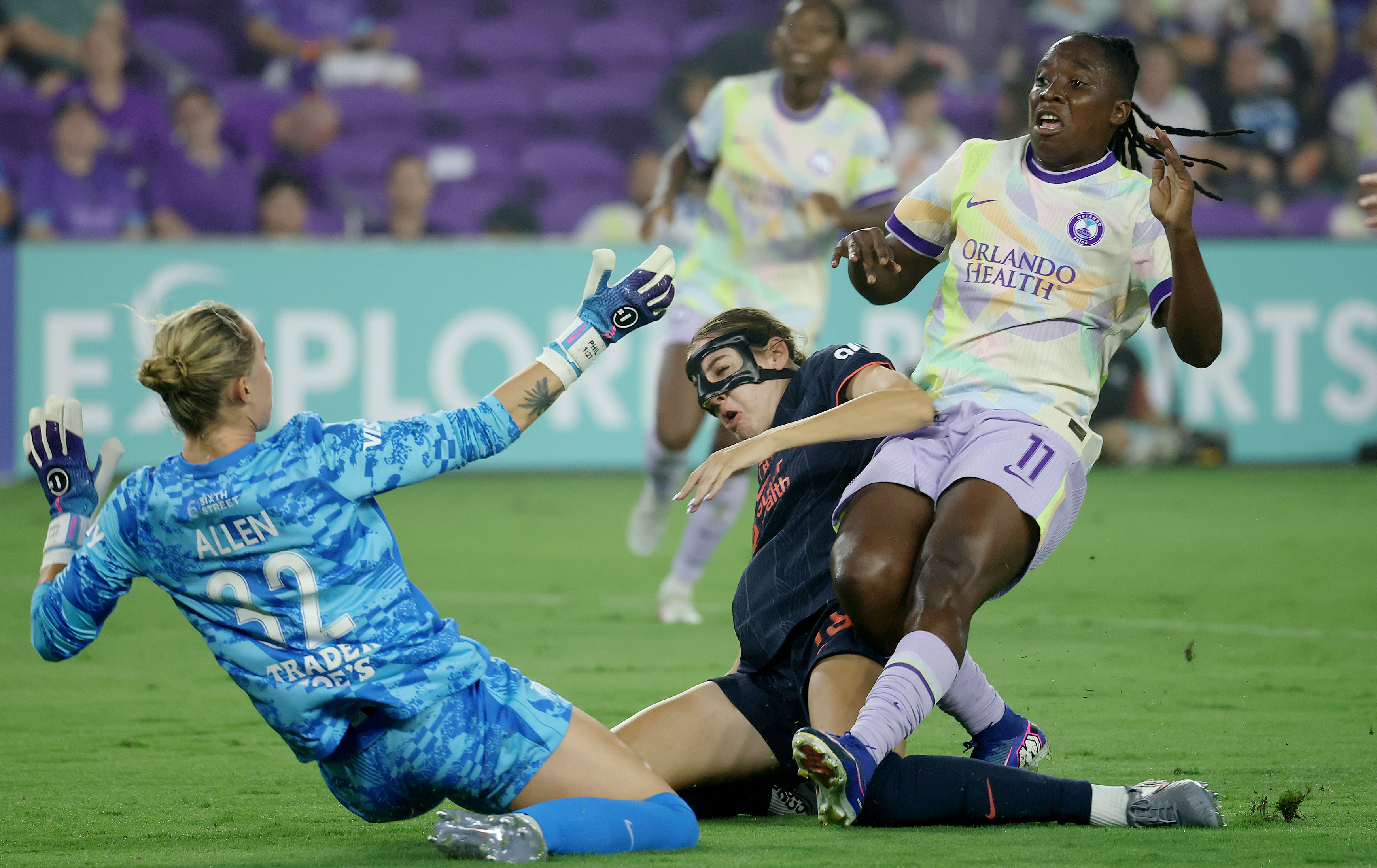 Orlando player Barbra Banda (11) scores a goal past Bay...
