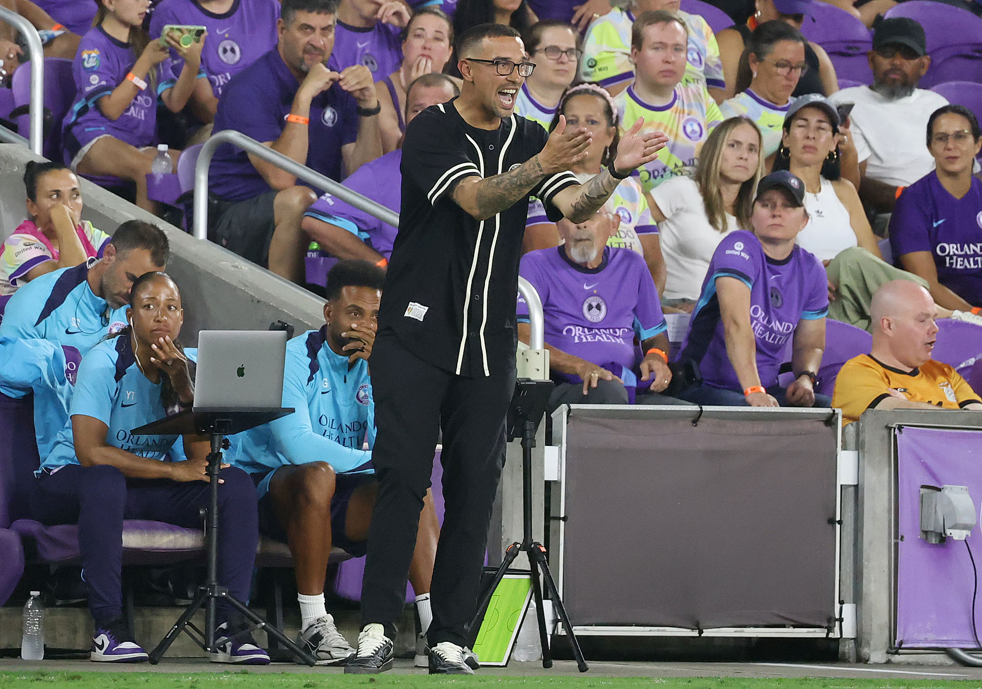 Orlando coach Seb Hines yells during the Bay FC at...