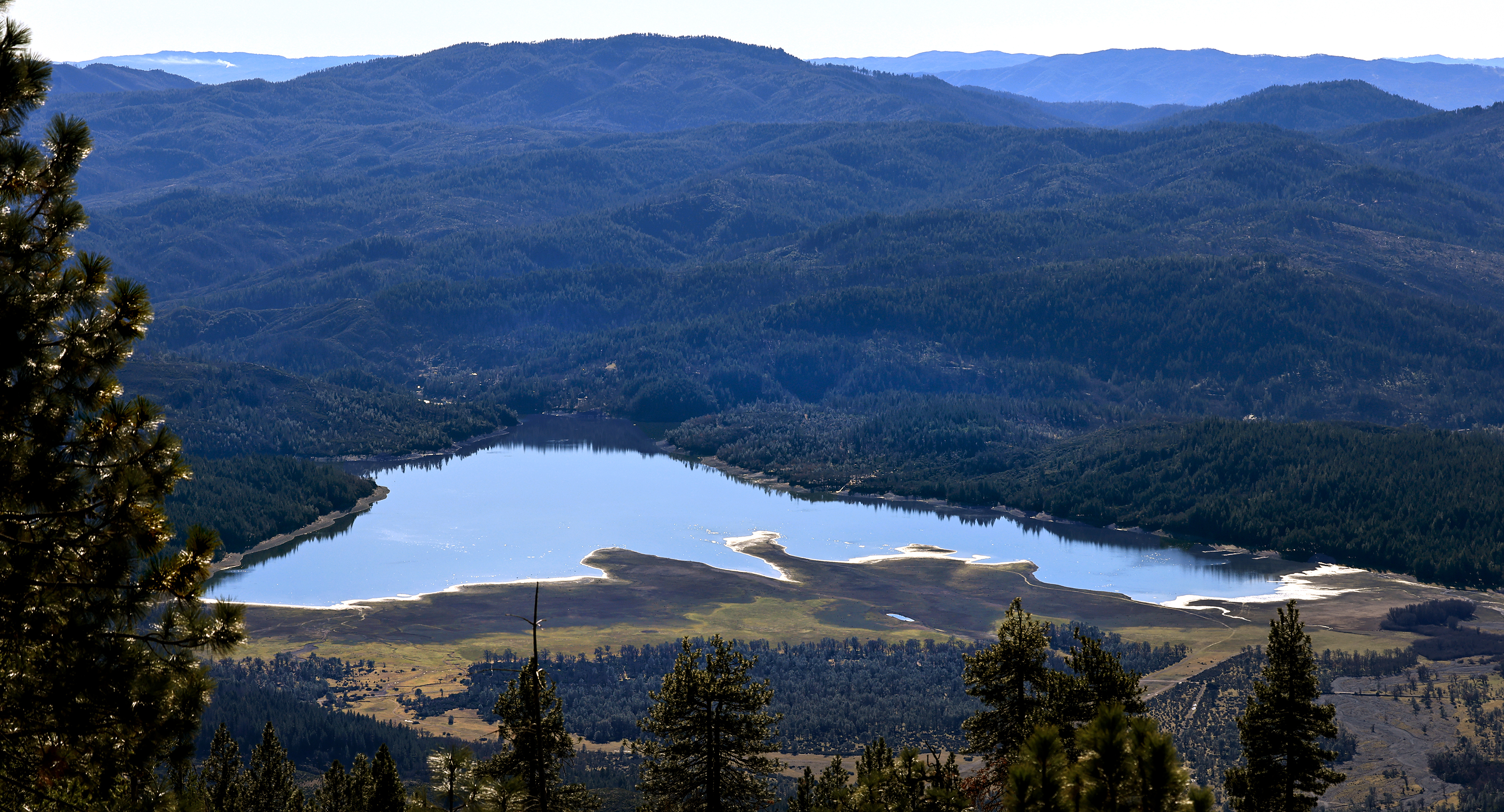 The view of partially depleted Lake Pillsbury above the snow...