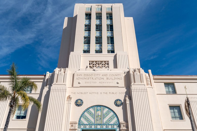 The San Diego City and County Administration Building as seen from its Waterfront-facing side. (Photo by Thomas Murphy / Times of San Diego)