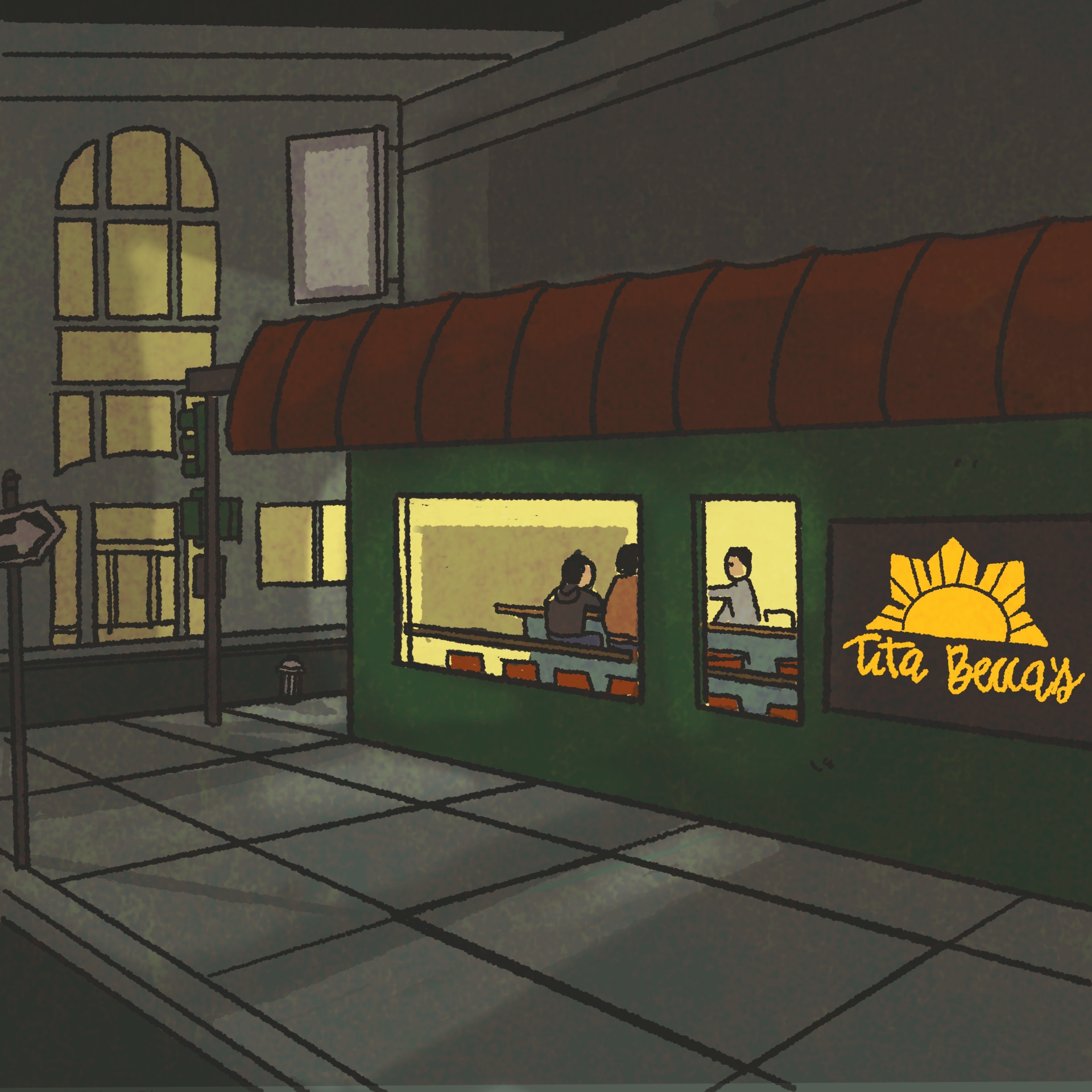Illustration: a low-slung diner lit up at night. The sign painted on the wall reads "Tita Becca's," with a yellow sun logo above.