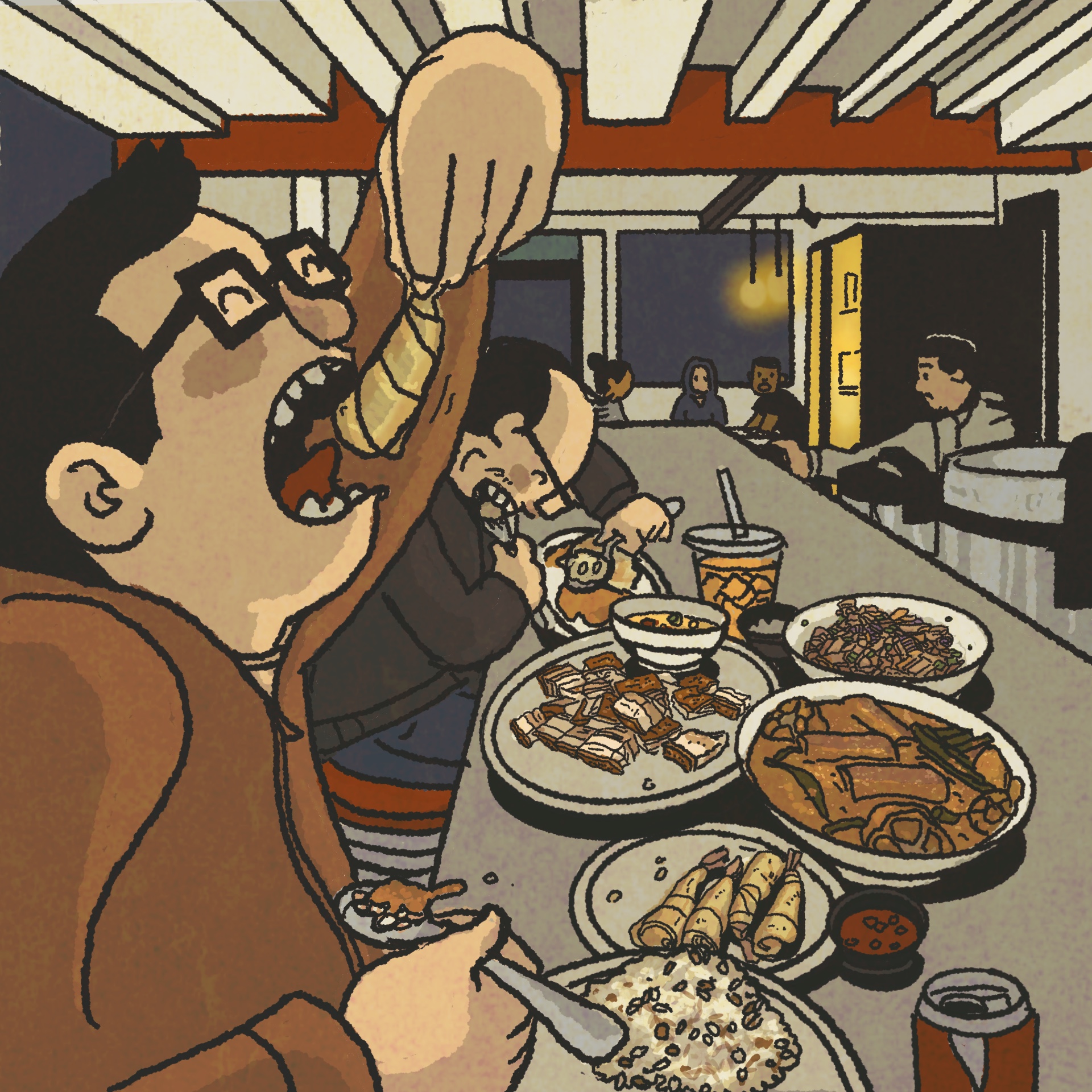 Illustration: Man devouring a shrimp lumpia while seating a diner counter. There's a huge spread of Filipino food in front of him.