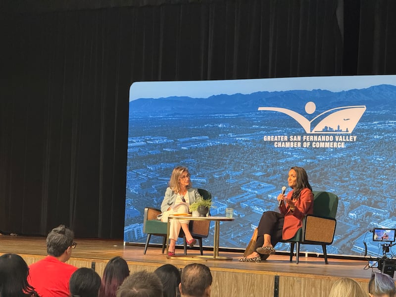 City Councilmember Nithya Raman speaks at a mayoral forum on the campus of Los Angeles Valley College on May 20.