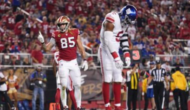 Sep 21, 2023; Santa Clara, California, USA; San Francisco 49ers tight end George Kittle (85) points his finger next to New York Giants linebacker Kayvon Thibodeaux (5) after the Giants were called for a penalty in the third quarter at Levi's Stadium.