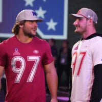Jan 30, 2025; Orlando, FL, USA; NFC defensive end Nick Bosa of the San Francisco 49ers (left) with brother and AFC linebacker Joey Bosa during the Pro Bowl Skills Challenge at Nicholson Fieldhouse.