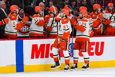 Anaheim Ducks at team bench Anaheim Ducks celebrate at team bench