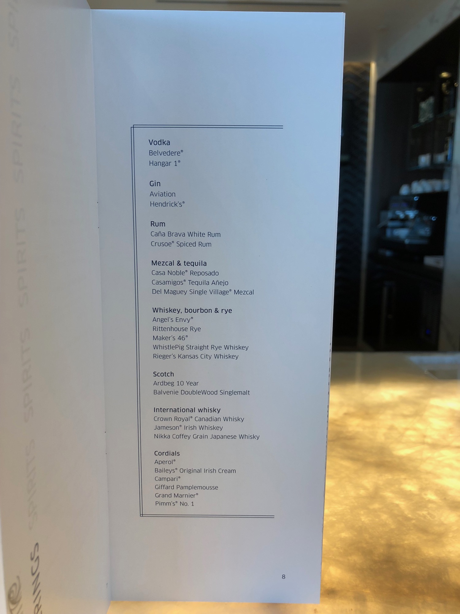 a menu of a bar
