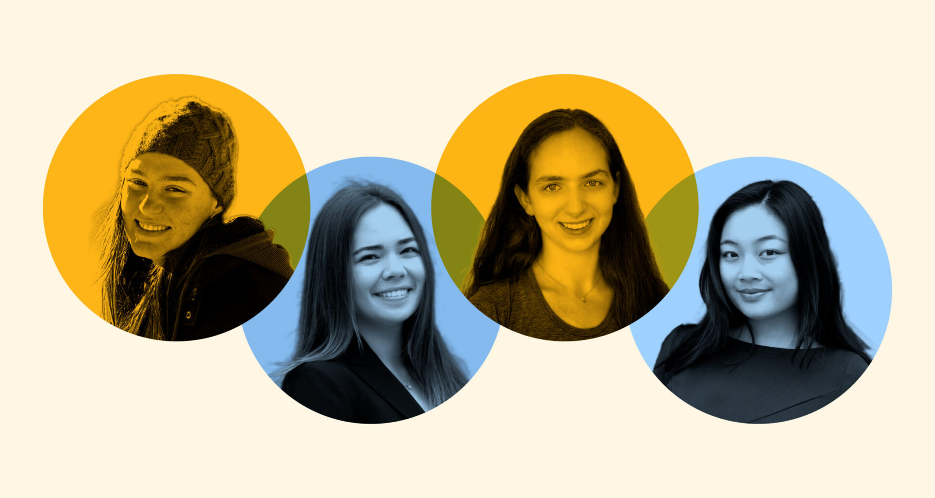 A photo illustration featuring headshots of the four 2026 University Medal finalists in alternating gold and blue bubbles.
