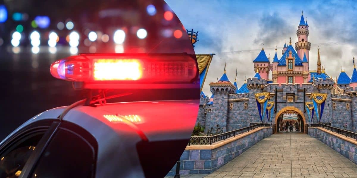A police vehicle with red and blue lights on next to Disneyland Resort in California.