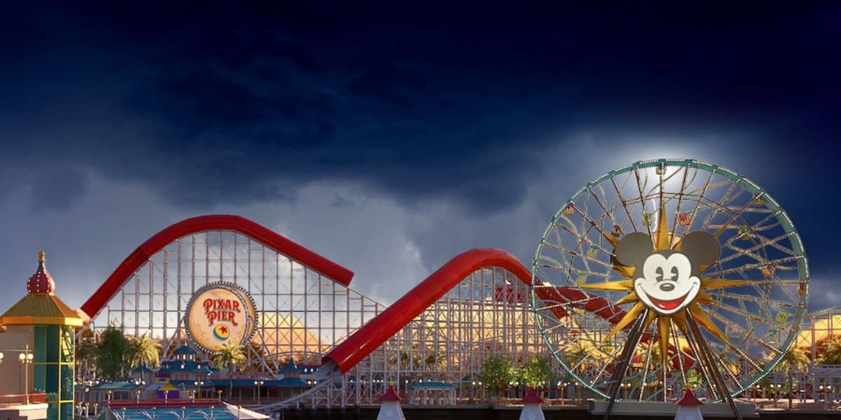 Disneyland Resort's Disney California Adventure with stormy weather in the backdrop.