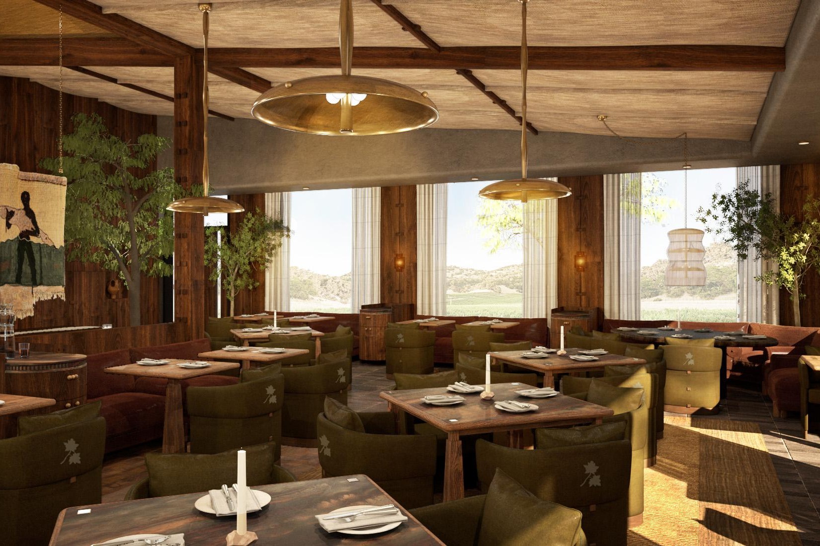 The dining room with tables and chairs at Vetra, located inside the Elene in Napa.