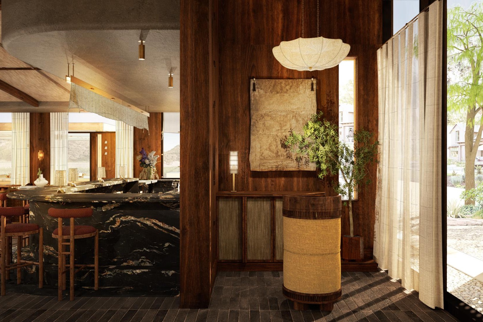 The interior of Vetra at The Elene in Napa, showcasing the host stand, and a marble bar at the entrance.