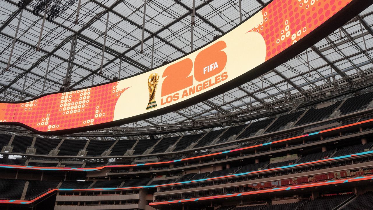 A general view shows SoFi Stadium in Inglewood, Calif., Tuesday, May 12, 2026, during a media event for the upcoming FIFA World Cup soccer tournament. (AP Photo/Jae C. Hong)