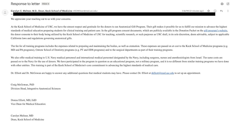 A screenshot of Keck's response, signed by the division head of integrative anatomical sciences, along with the dean and vice dean of the school. (Screenshot courtesy of Jackson Mills)