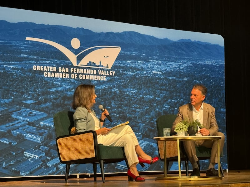 Tech entrepreneur Adam Miller speaks at a mayoral forum on the campus of Los Angeles Valley College on May 20.