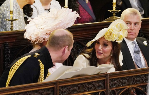 WINDSOR, UNITED KINGDOM - MAY 19:(Left to right) Prince William, Duke of Cambridge, Camilla, Duchess of Cornwall, Catherine, Duchess of Cambridge and Prince Andrew, Duke of York attend the wedding of Prince Harry to Meghan Markle at St George's Chapel at Windsor Castle on May 19, 2018 in Windsor, England. (Photo by Jonathan Brady - WPA Pool/Getty Images)