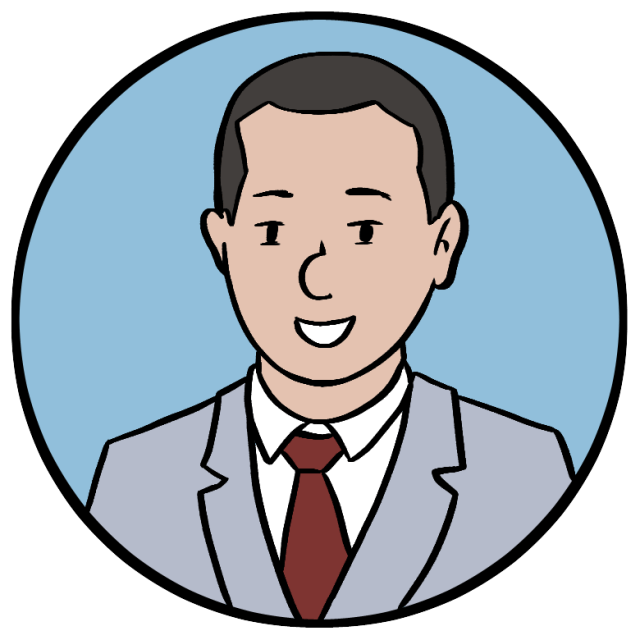 Cartoon illustration of a smiling man in a light gray suit, white shirt, and red tie, shown in a circular blue background.