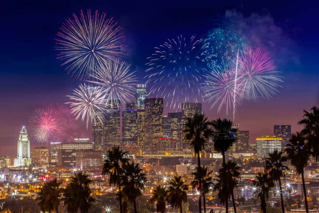 Fireworks over the Los Angeles Skyline