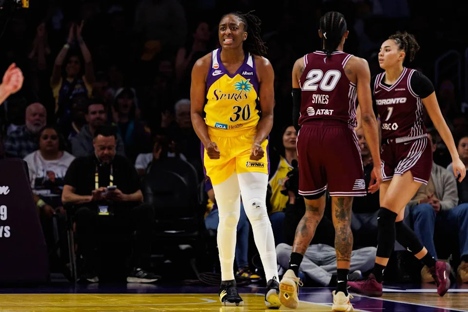 Nneka Ogwumike #30 of the Los Angeles Sparks reacts during a WNBA game against the Toronto Tempo on May 15, 2026 at Crypto.com Arena in Los Angeles, California.