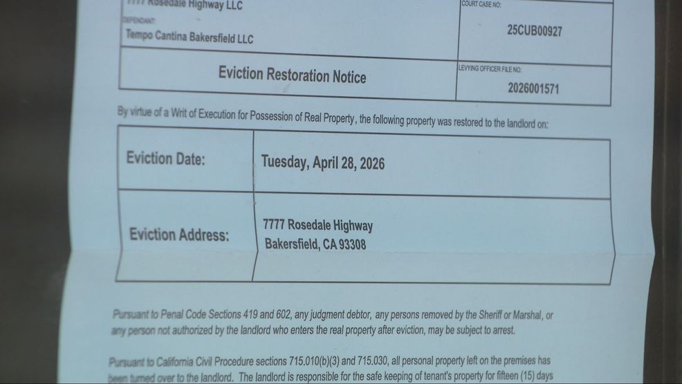An eviction notice posted by the Kern County Sheriff’s Office was seen on the doors of the Mr. Tempo Cantina restaurant on Rosedale Highway. PHOTO: KBAK/KBFX