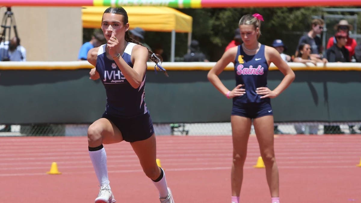 Trans athlete AB Hernandez competes ahead of female rival Reese Hogan at a California girls' track meet on Saturday, May 16, 2026 in Moorpark, California.