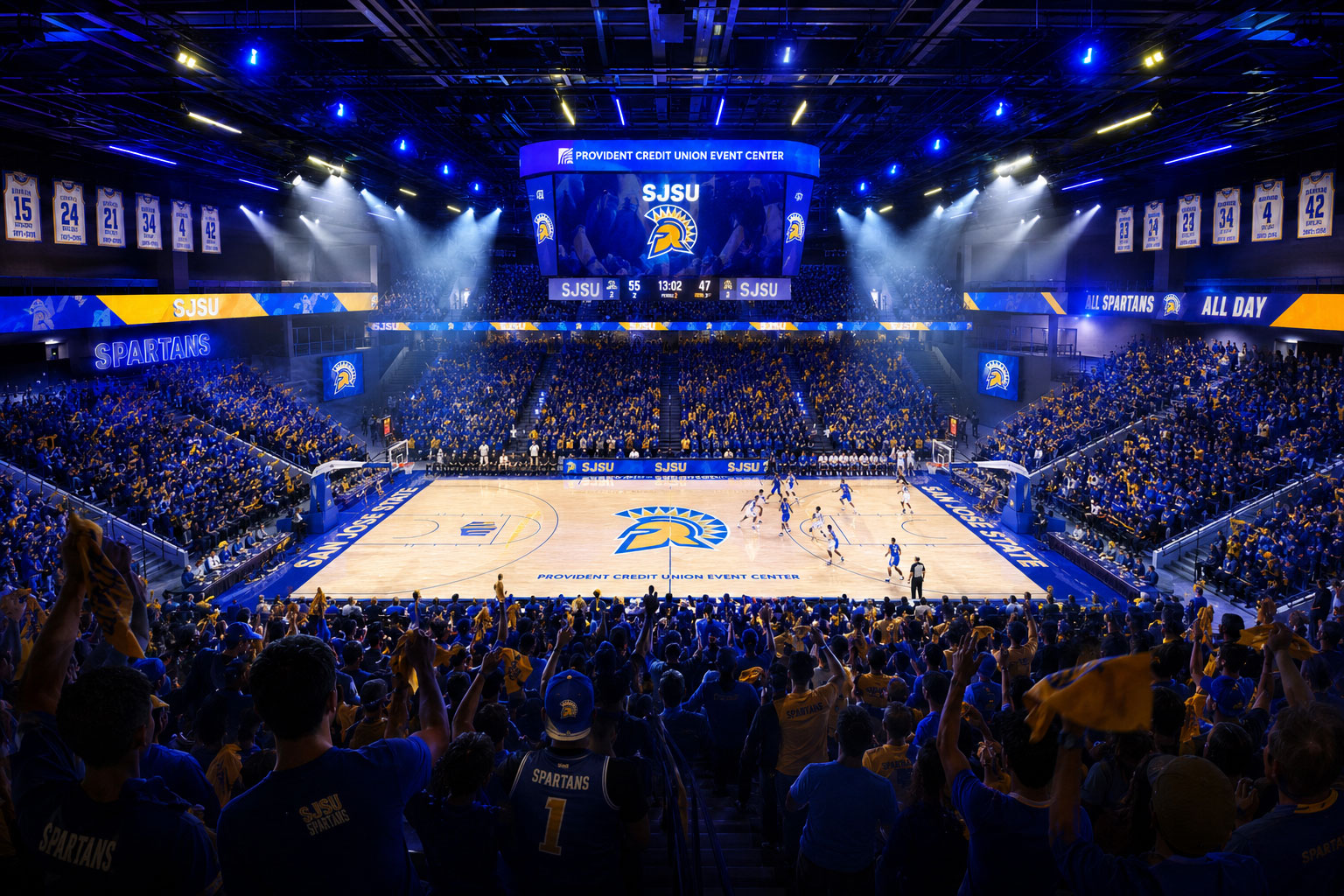 AI-generated San Jose State basketball facilities based on the MWCConnection article, “Knowing the cost of keeping up - a $4M commitment is the first real answer for SJSU basketball”