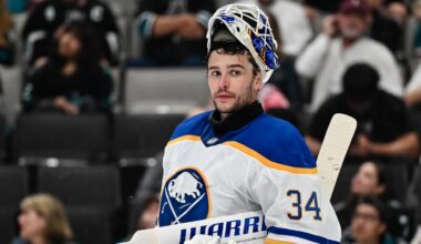 Buffalo Sabres goaltender Alex Lyon (34) looks on against the San Jose Sharks during the first period of an NHL hockey game Thursday, March 19, 2026, in San Jose, Calif. (AP Photo/Thien-An Truong)