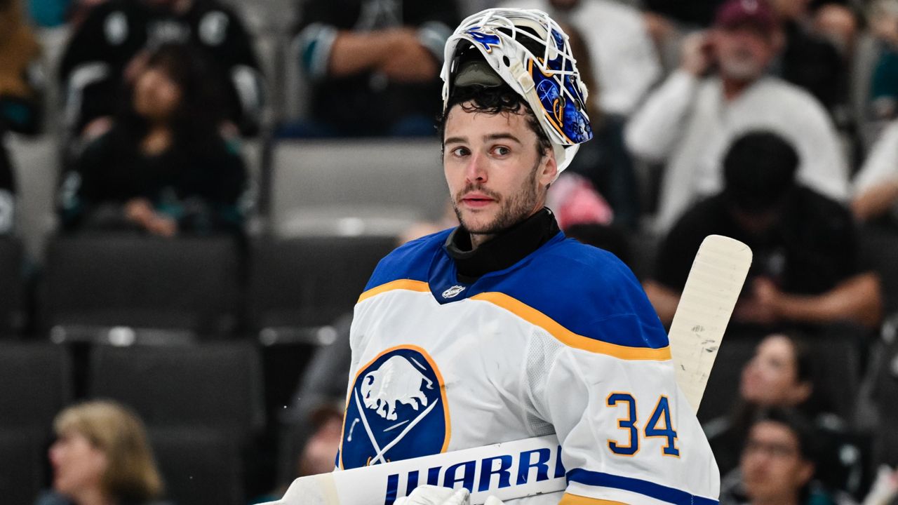 Buffalo Sabres goaltender Alex Lyon (34) looks on against the San Jose Sharks during the first period of an NHL hockey game Thursday, March 19, 2026, in San Jose, Calif. (AP Photo/Thien-An Truong)