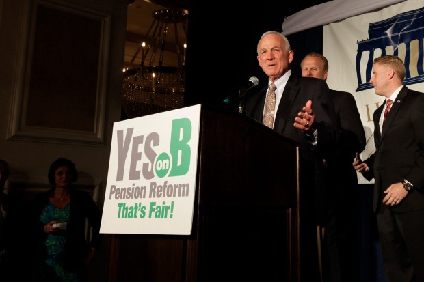 Then-Mayor Jerry Sanders speaks at a rally for Proposition B, a ballot measure that would slash city employee pensions, on Tuesday, June 5, 2012, in San Diego. (U-T)