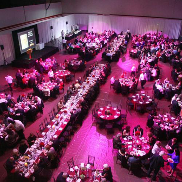 large room decorated for a special event; several tables
