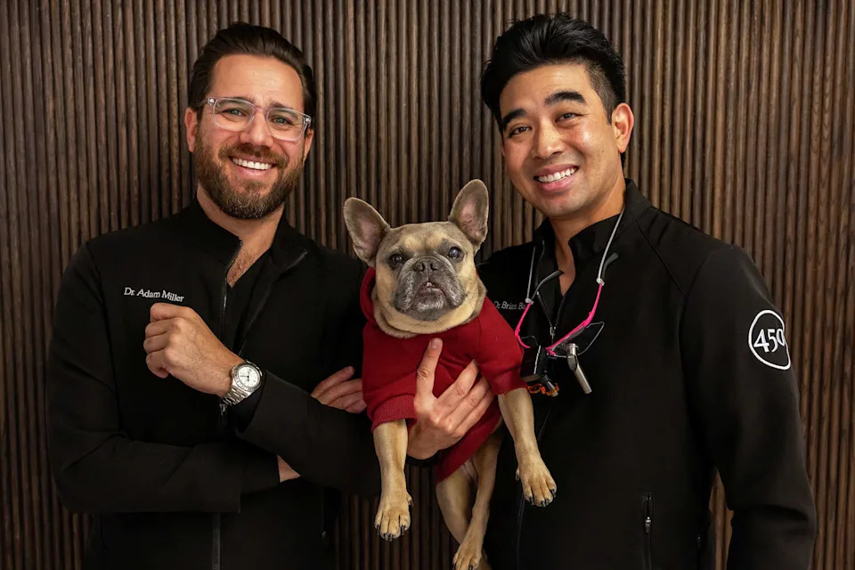 Dr. Adam Miller, Dr. Brian Baliwas and Xylo at 450 Aesthetics Dental Group in San Francisco. (Chris Partin/Special to SFGATE)