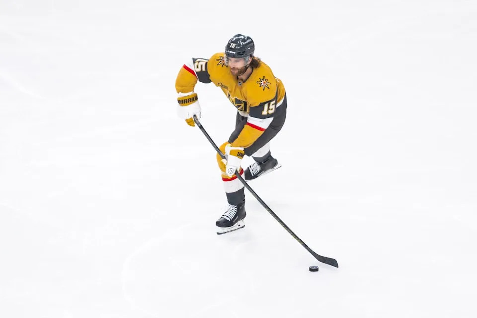 Vegas Golden Knights defenseman Noah Hanifin (15) looks to pass the puck up the ice during game 2 of a NHL playoff game between the Vegas Golden Knights and the Anaheim Ducks, Wednesday May 6, 2026 in Las Vegas, Nev.