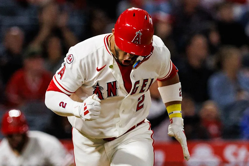Oswald Peraza #2 of the Los Angeles Angels celebrates after a hit during an MLB game against the Texas Rangers on May 23, 2026 at Angel Stadium in Anaheim, California.