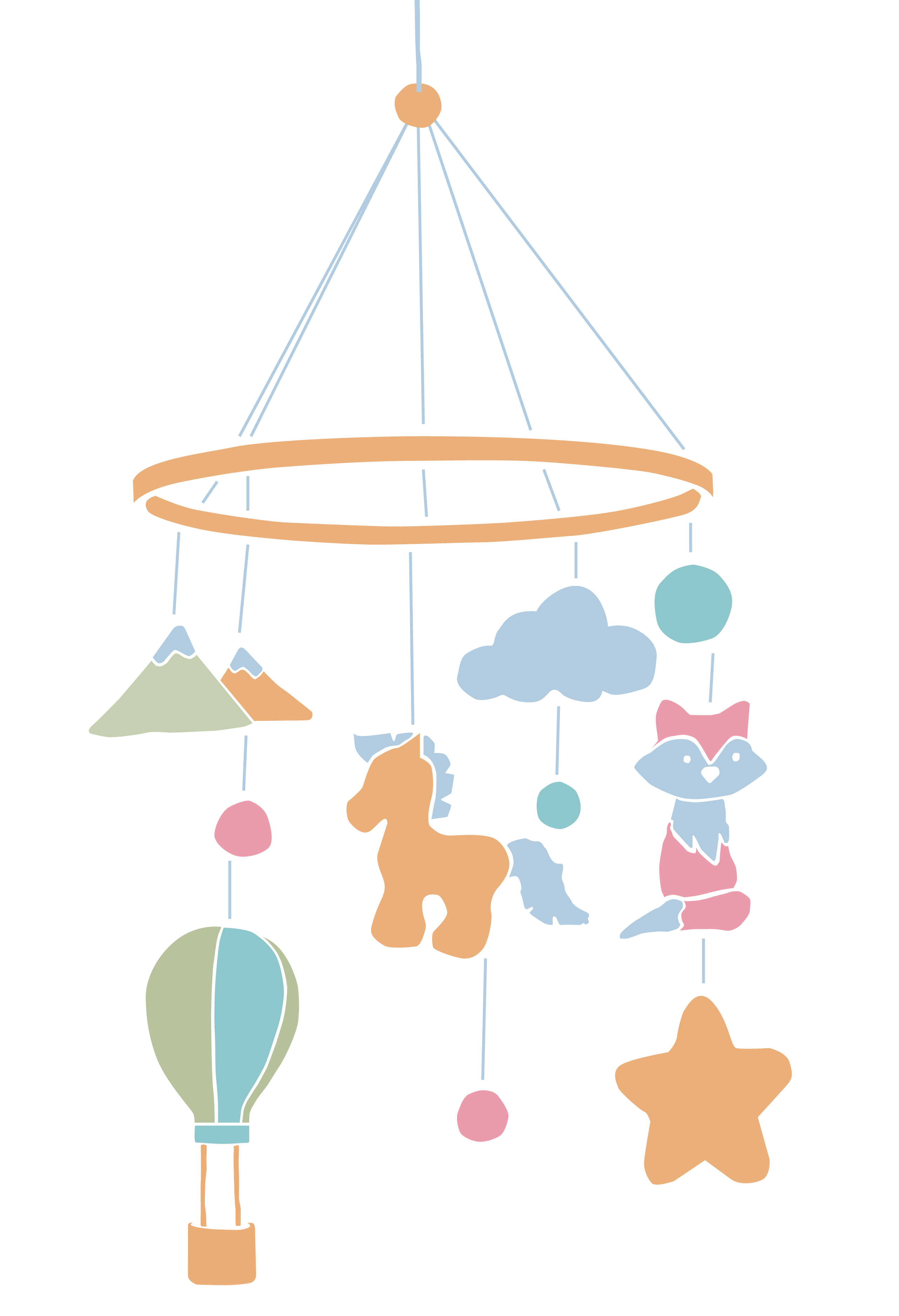 illustrated mobile with horse, fox, stars and hot air balloon